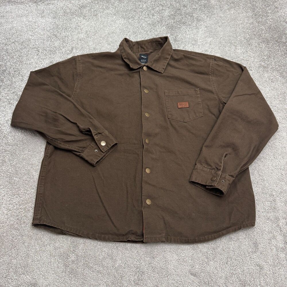 RVCA Canvas Snap Front Shirt Jacket Shacket Mens XL Brown Workwear Chore Coat
